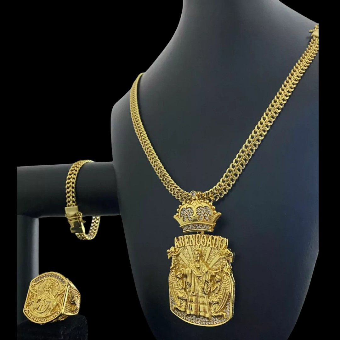 15317193283 Kit Completo Cordao Pingente Pulseira Anel Lacraia 10Mm Banhado A Ouro 18K B
