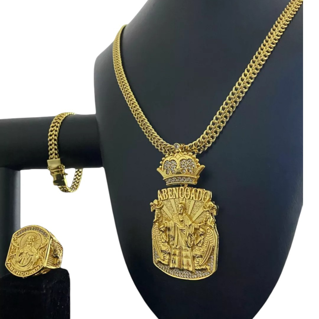 15317193293 Kit Completo Cordao Pingente Pulseira Anel Lacraia 10Mm Banhado A Ouro 18K