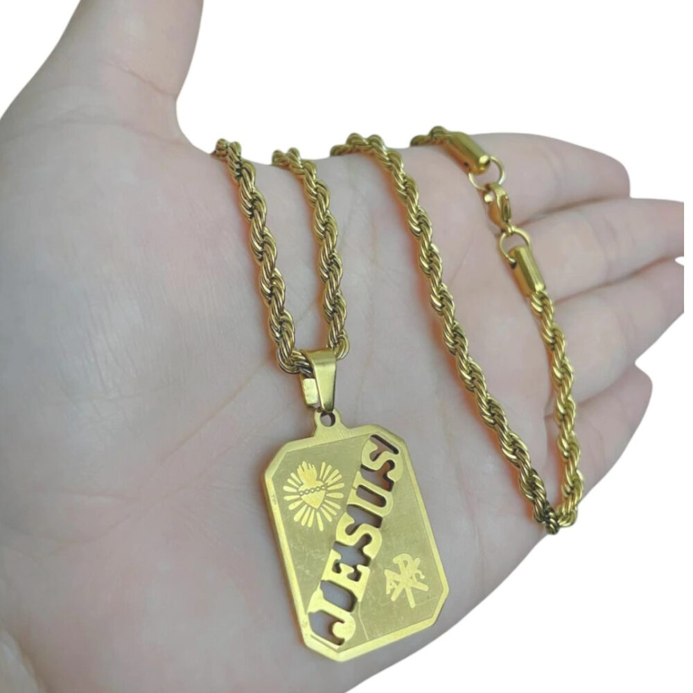 Cordão Baiano 5Mm + Pingente Placa Jesus - Banhado A Ouro - Imagem 4