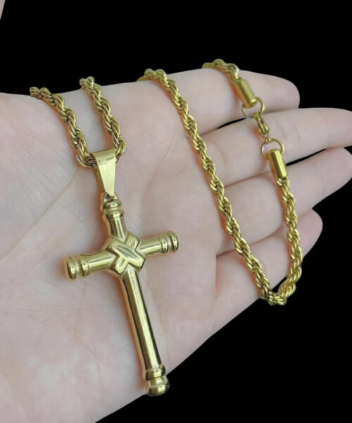 Cordão Baiano 5mm + Pingente Cruz - Banhado a Ouro 18k