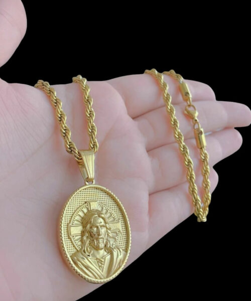 Cordão Baiano 5mm + Pingente Jesus Oval - Banhado a Ouro