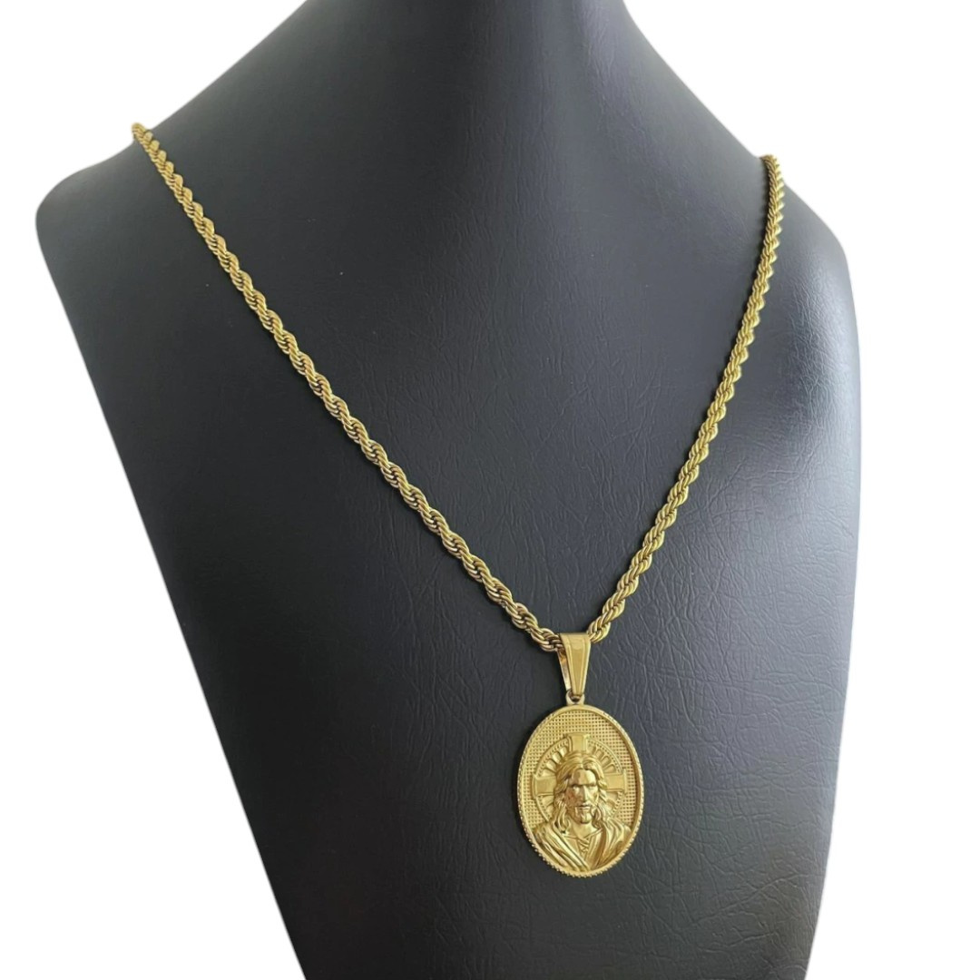 15320969654 Cordao Baiano 5Mm Pingente Jesus Cristo Oval Banhado A Ouro 18K 3