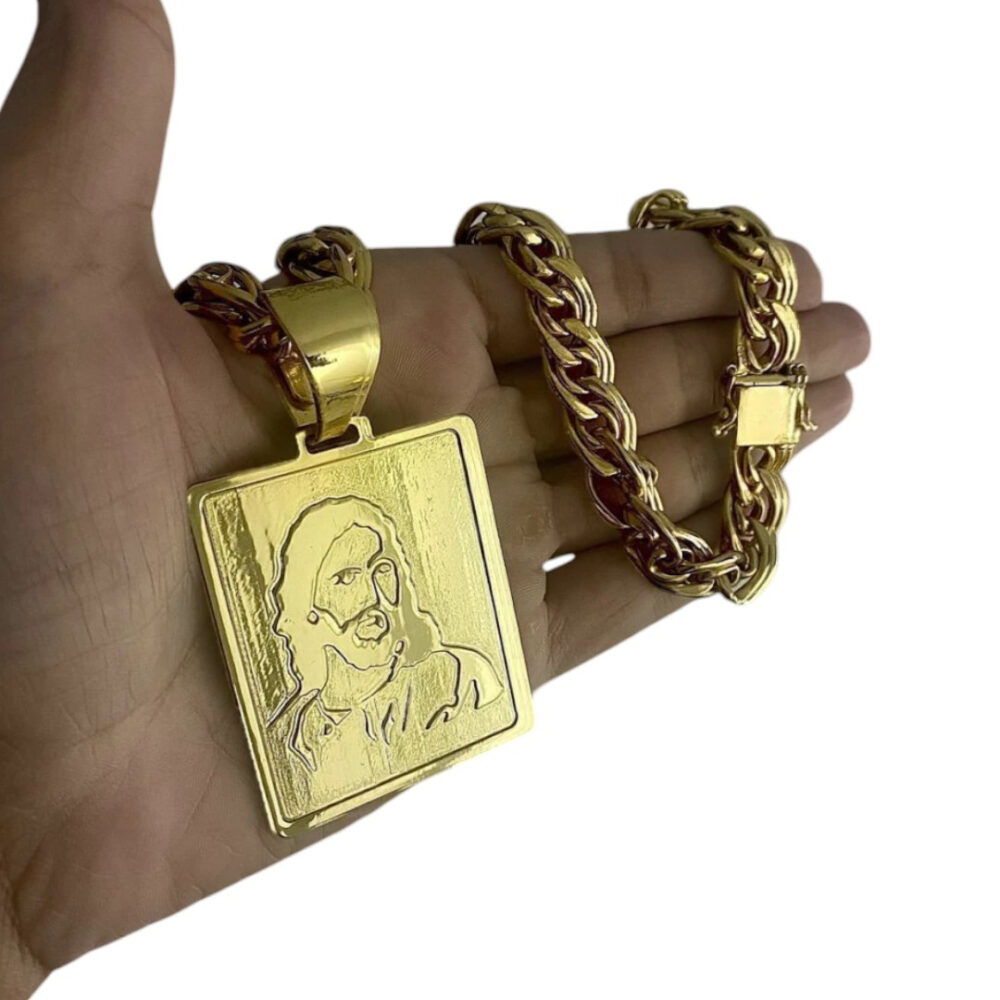 Cordão Romano 10Mm + Pingente Jesus Cristo - Banhado A Ouro - Imagem 4