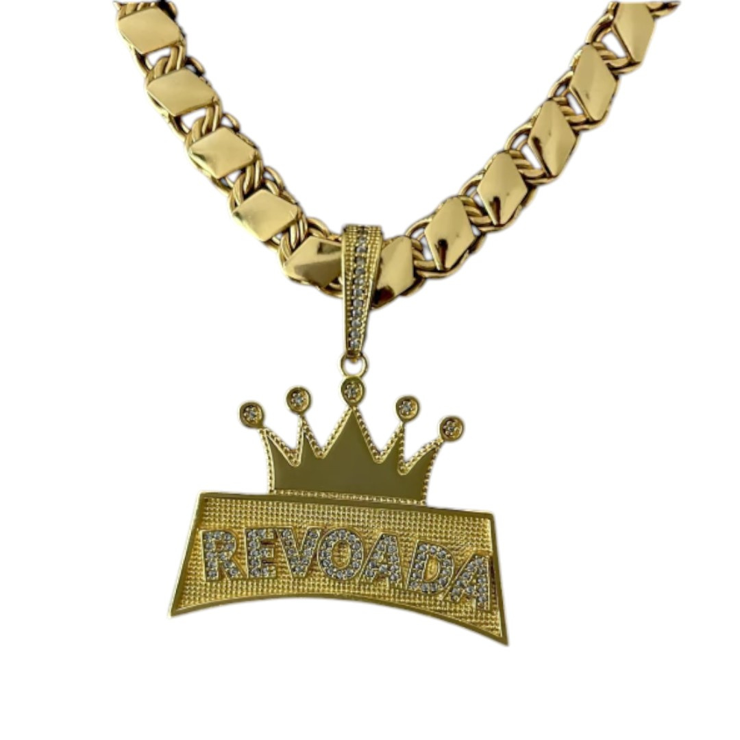 15320999662 Cordao Friso Balao 13Mm Pingente Revoada Cravejado Banhado A Ouro 18K 2