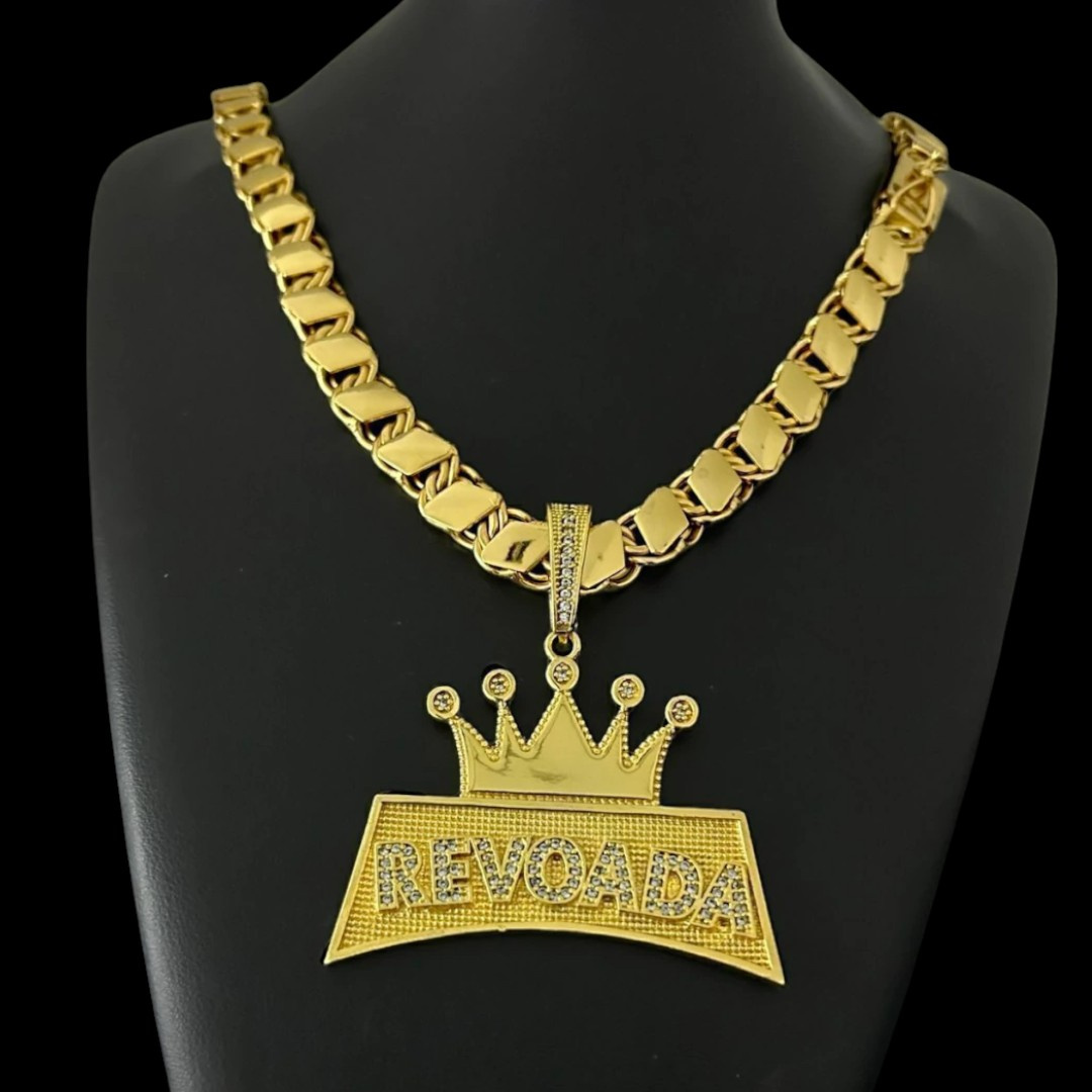 15320999717 Cordao Friso Balao 13Mm Pingente Revoada Cravejado Banhado A Ouro 18K Preto