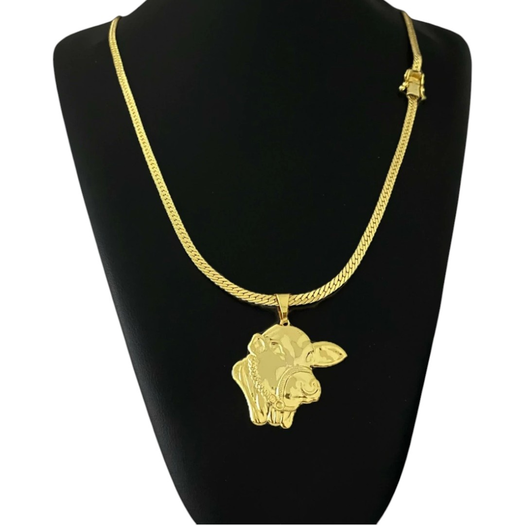15322967254 Cordao Grumet Laminado 4Mm Pingente Boi Banhado A Ouro 18K 2