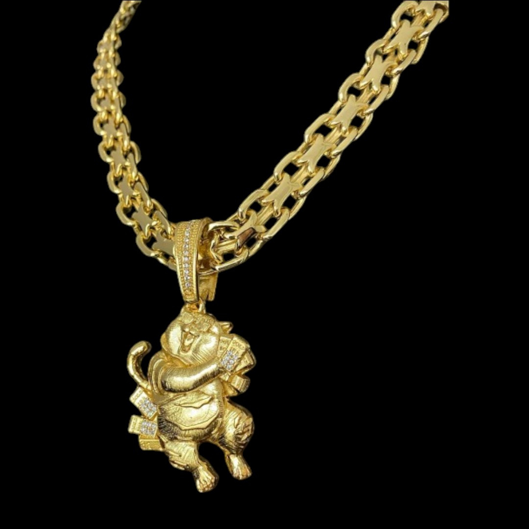 15322967804 Cordao Cadeado Duplo 13Mm Pingente Tigrinho 3D Com Pedras Banhado A Ouro 18K 4