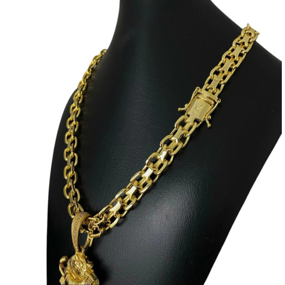 Cordão Cadeado Duplo 13Mm + Pingente Tigrinho Banhado A Ouro - Imagem 3