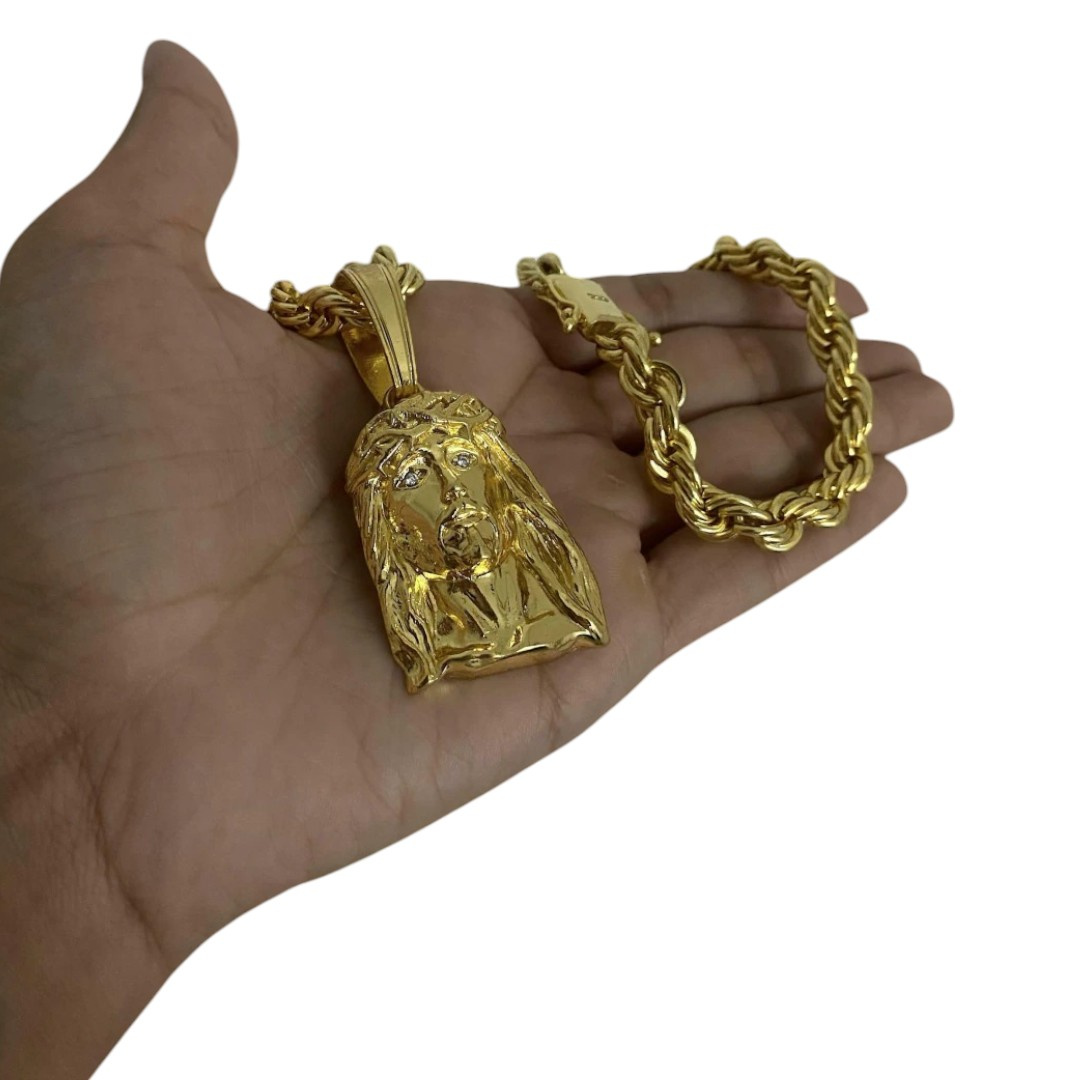 15325285751 Cordao Baiano 8Mm Pingente Jesus Cristo Rosto 3D M Banhado A Ouro 18K 3