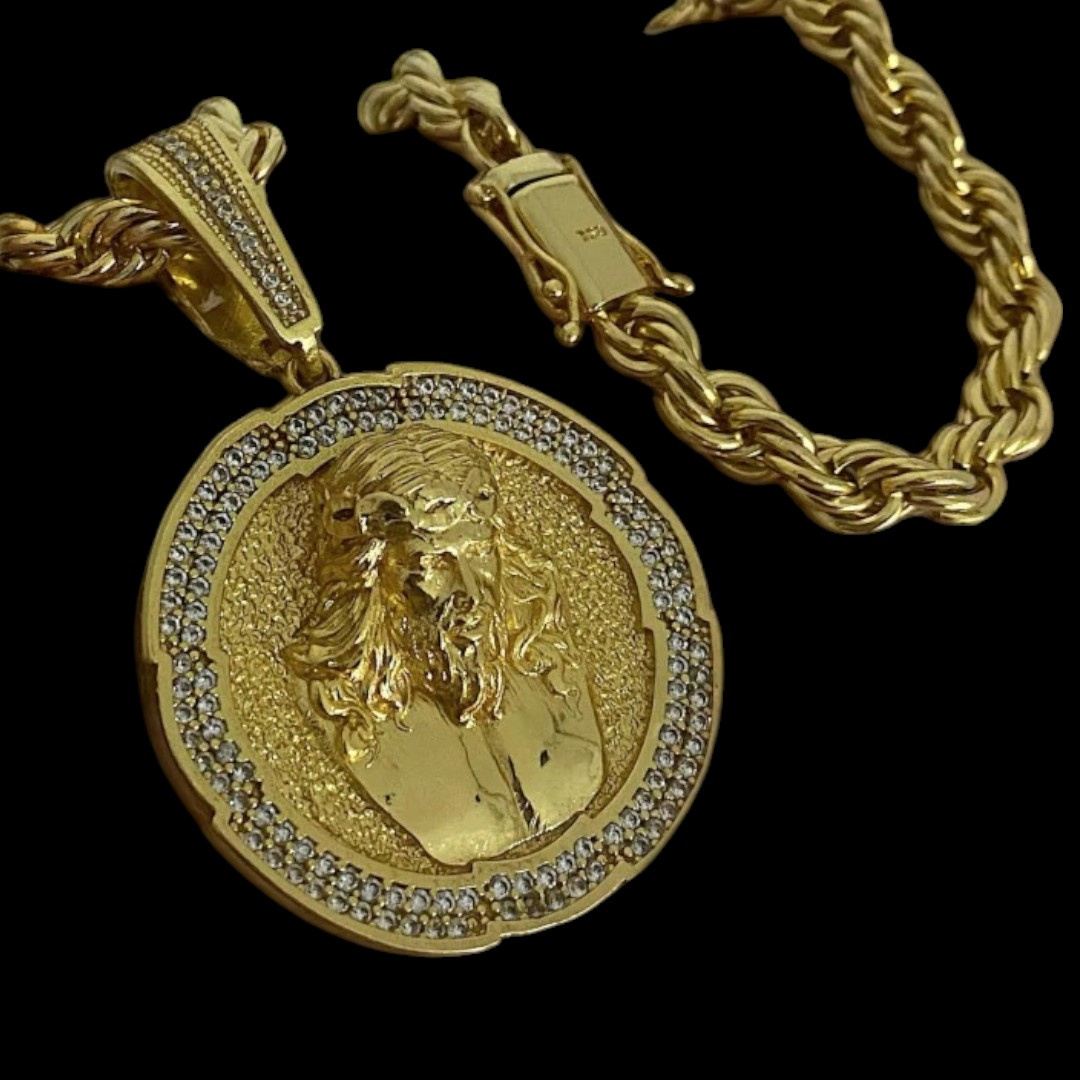 15325290051 Cordao Baiano 8Mm Pingente Zeus Redondo Cravejado Banhado A Ouro 18K 2