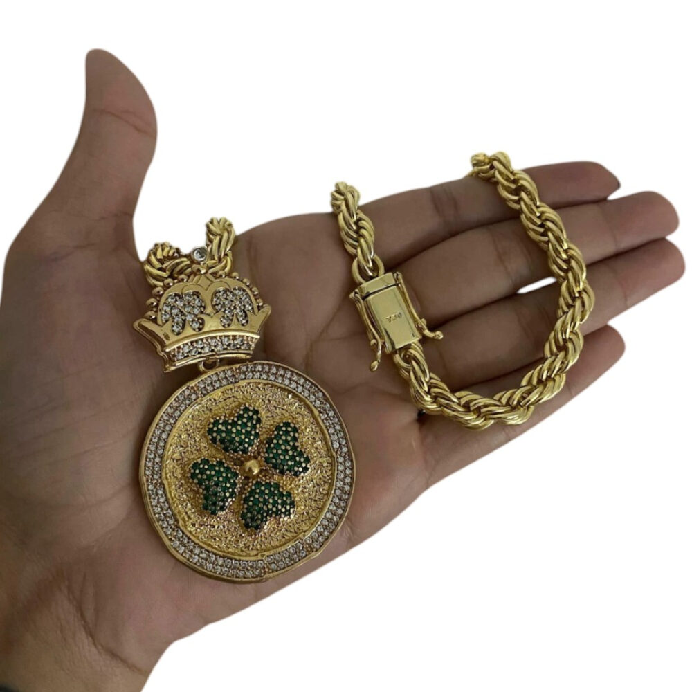 Cordão Baiano 8Mm + Pingente Trevo - Banhado A Ouro 18K - Imagem 2