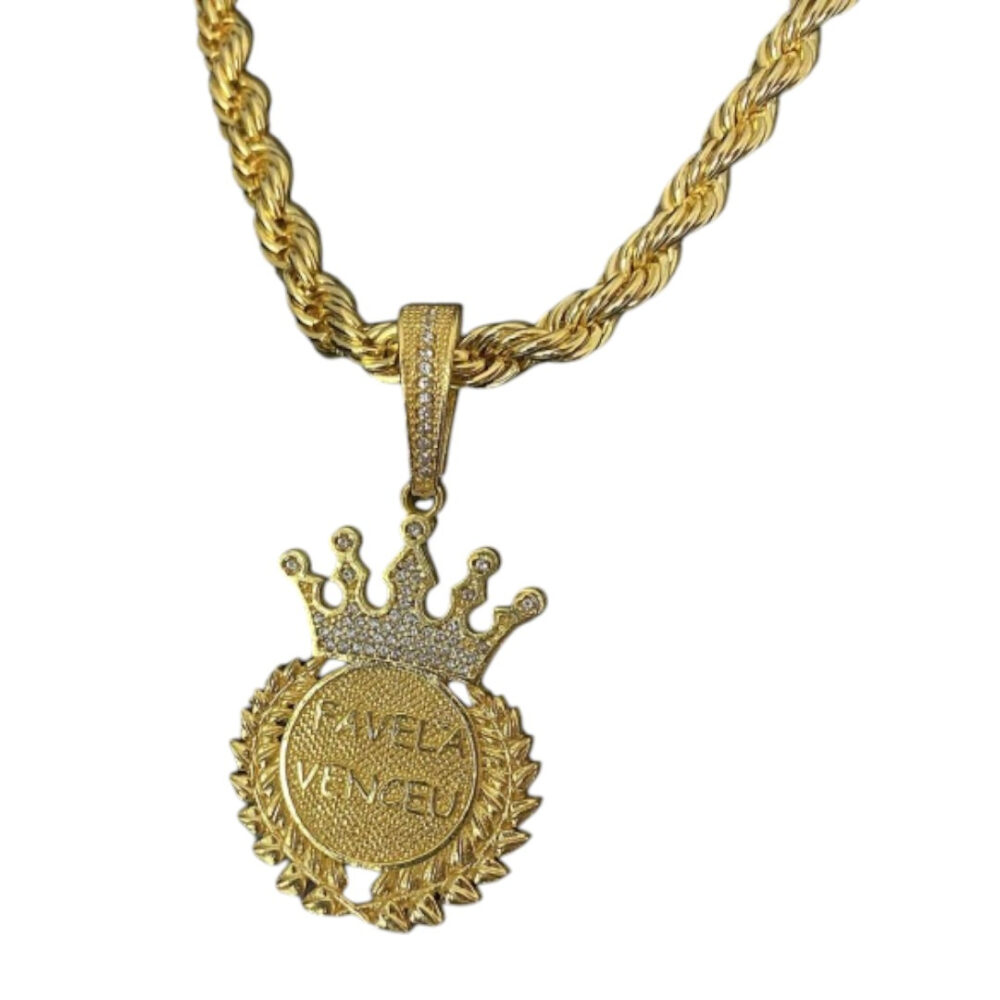 Cordão Baiano 8Mm + Pingente Favela Venceu - Banhado A Ouro - Imagem 3