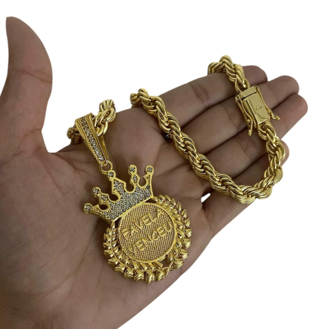 15325295525 Cordao Baiano 8Mm Pingente Favela Venceu Redondo Coroa Cravejado Banhado A Ouro 18K 2