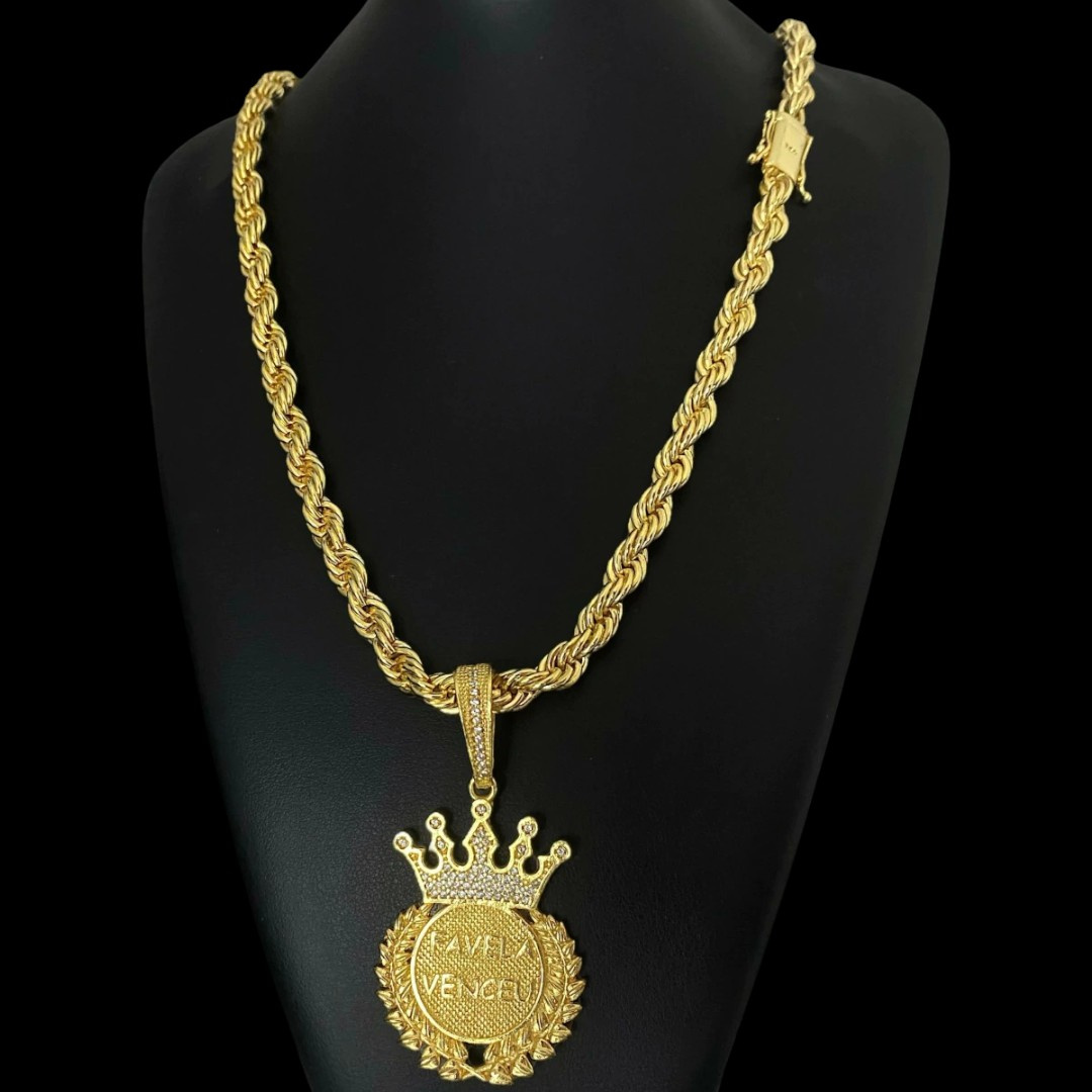 15325295528 Cordao Baiano 8Mm Pingente Favela Venceu Redondo Coroa Cravejado Banhado A Ouro 18K 4