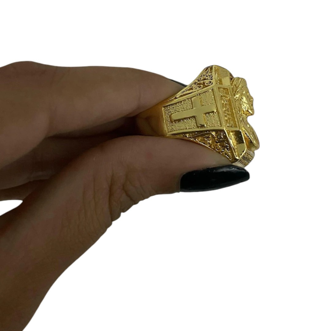 15328238731 Anel Jesus Cristo Cruz Banhado A Ouro 18K