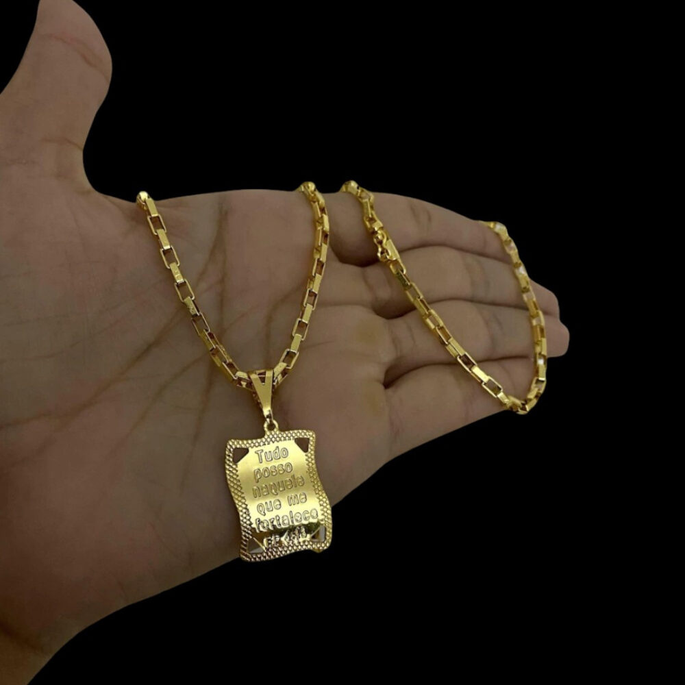 Cordão Tijolinho 3Mm + Pingente Tudo Posso - Banhado A Ouro