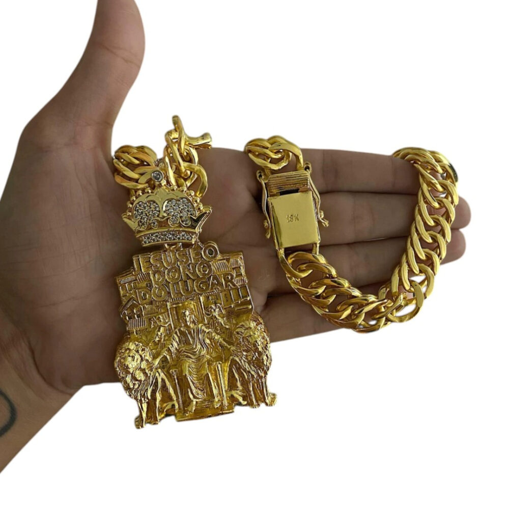 Cordão Grumet 15Mm + Pingente Leão Jesus - Banhado A Ouro - Imagem 3
