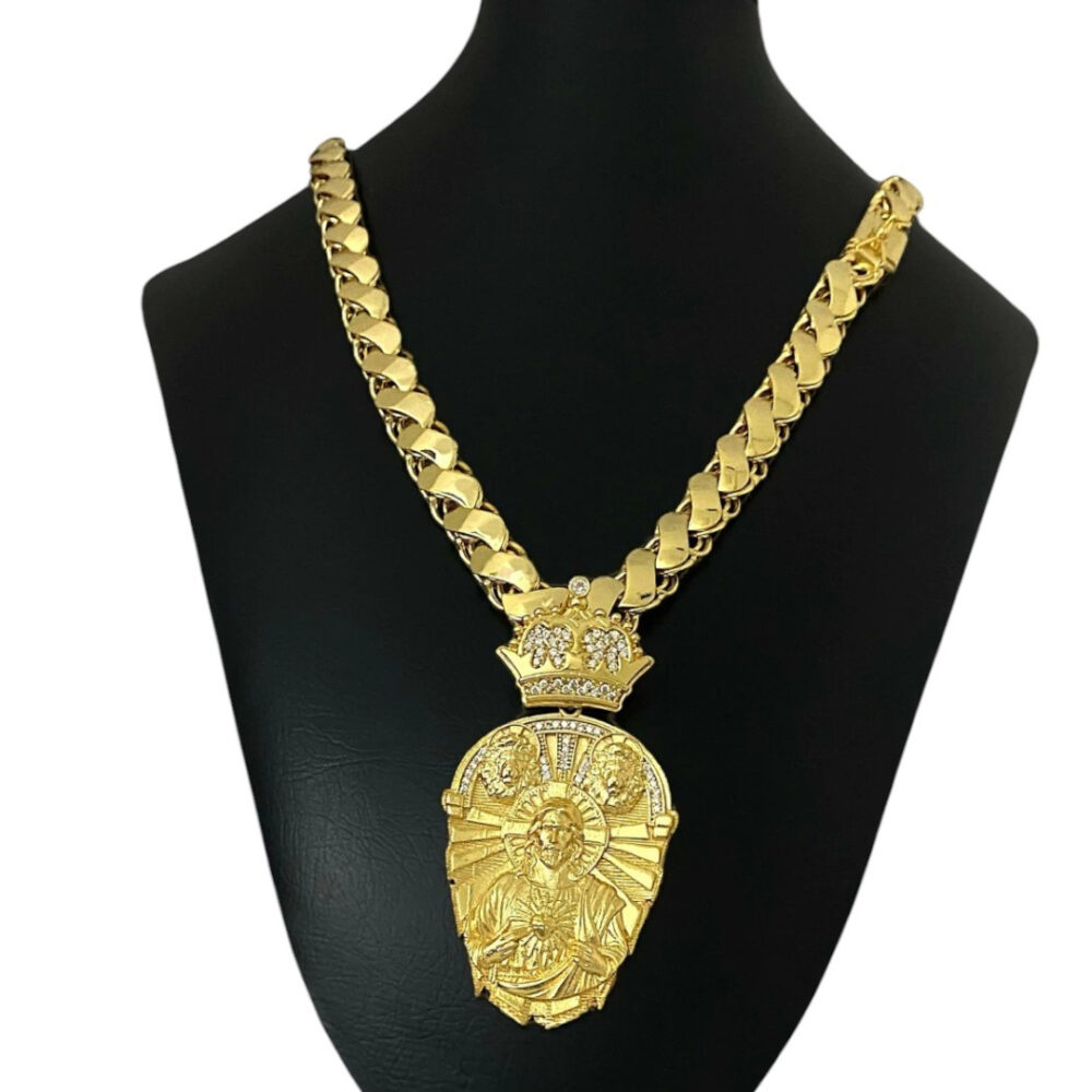 Cordão Friso S 13Mm + Pingente Jesus Leão - Banhado A Ouro - Imagem 2