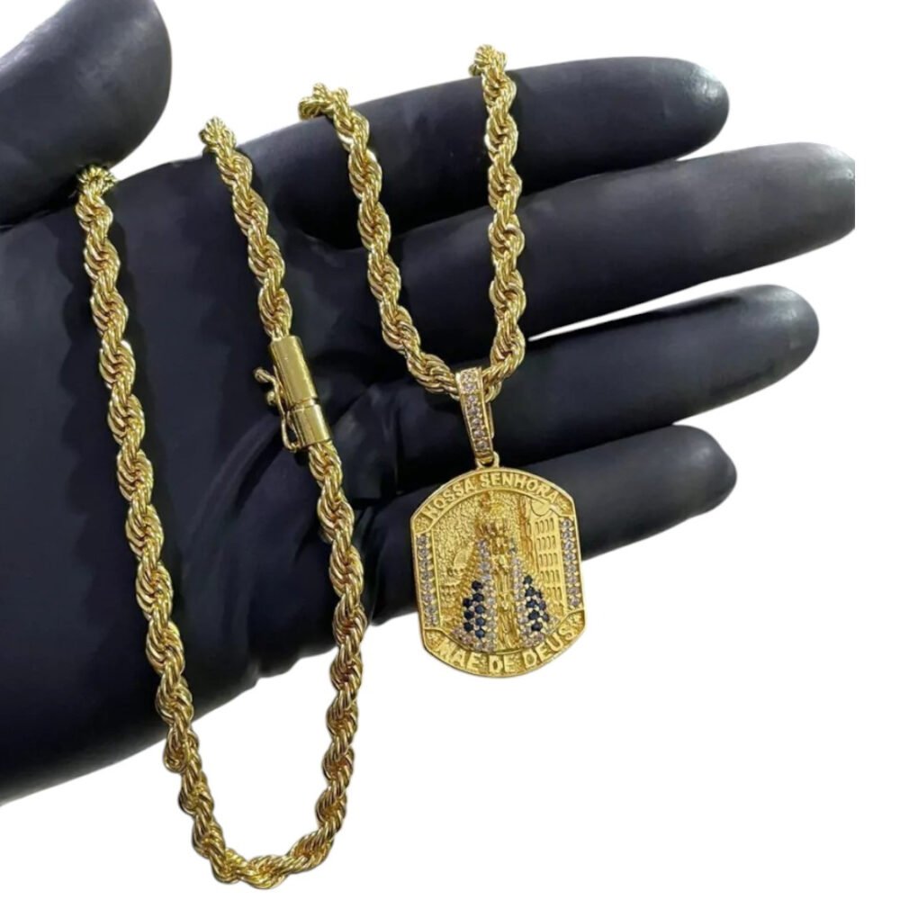 Cordão 6Mm Baiano + Pingente Nossa Senhora - Banhado A Ouro - Imagem 2