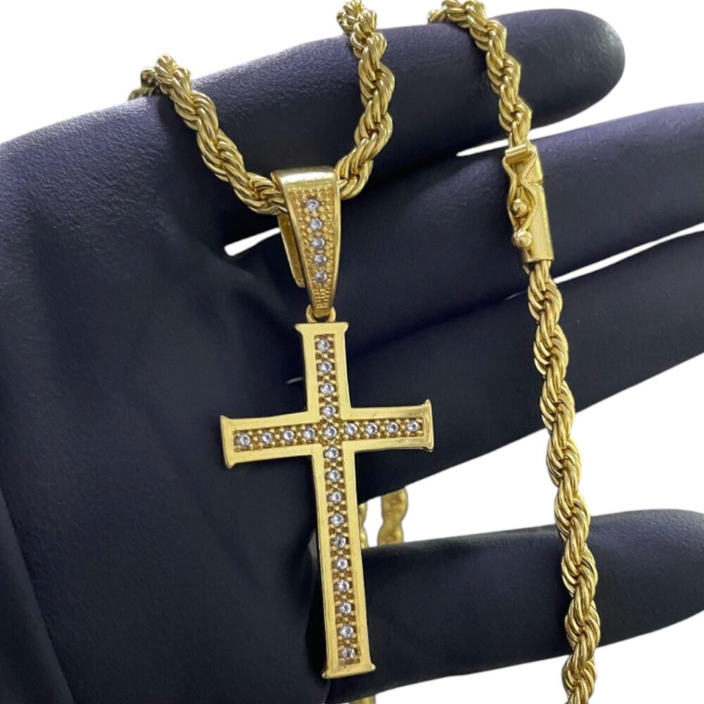 Cordão 5Mm Baiano + Pingente Cruz Cravejada - Banhado A Ouro - Imagem 2