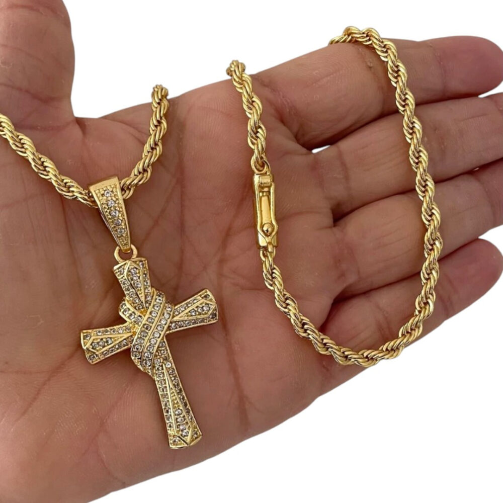 Cordão 5Mm Baiano + Pingente Cruz Amarrada - Banhado A Ouro - Imagem 2