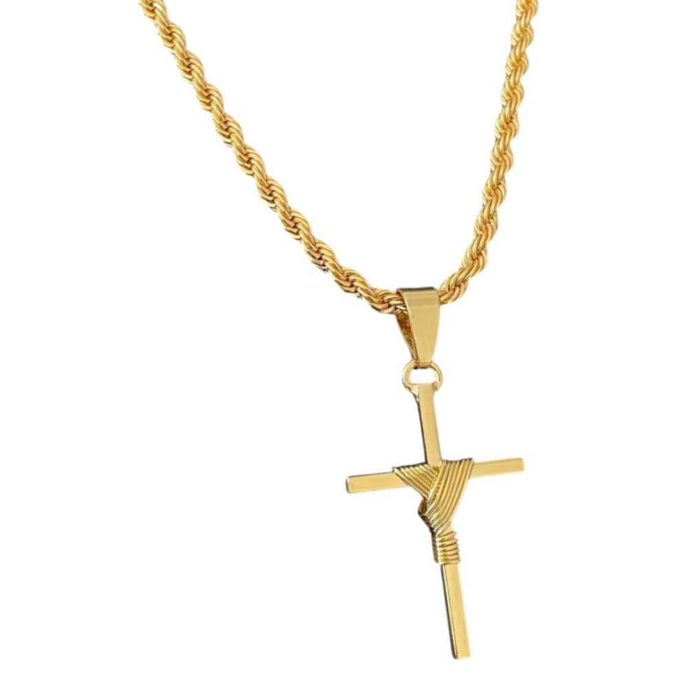 Cordão 5Mm Baiano + Pingente Cruz Fio - Banhado A Ouro - Imagem 3