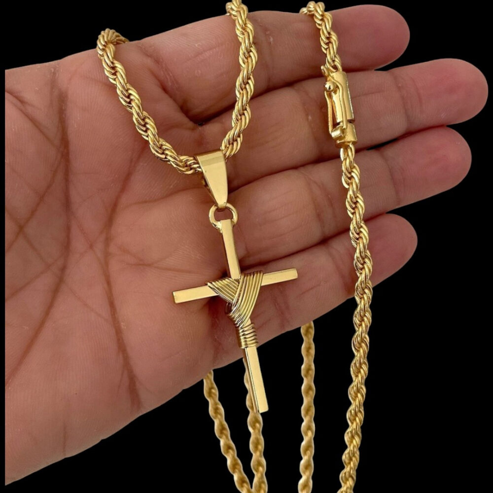 Cordão 5Mm Baiano + Pingente Cruz Fio - Banhado A Ouro
