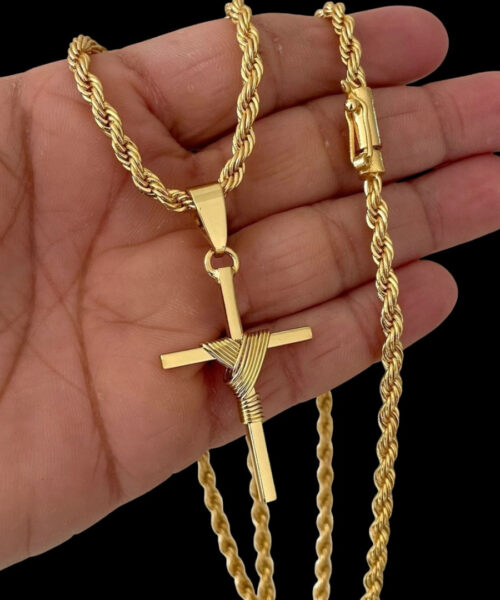 Cordão 5mm baiano + Pingente Cruz Fio - Banhado a ouro