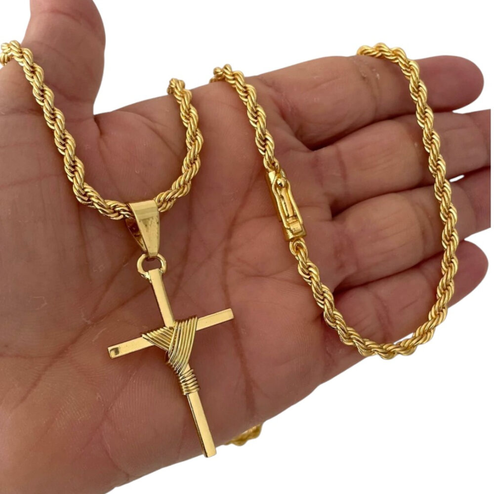 Cordão 5Mm Baiano + Pingente Cruz Fio - Banhado A Ouro - Imagem 2