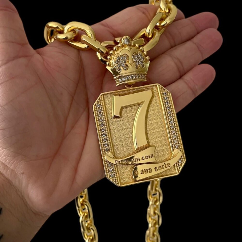 Cordão 18Mm Cadeado + Pingente 7- Banhado A Ouro