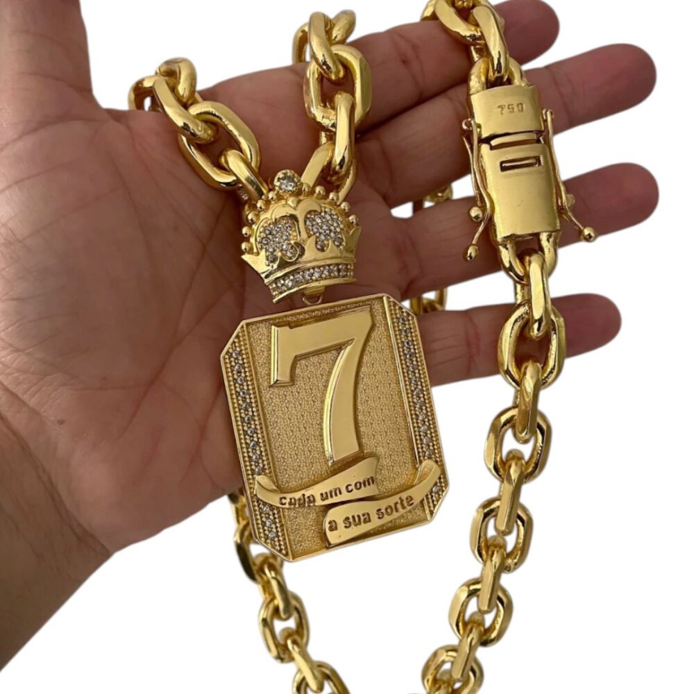 Cordão 18Mm Cadeado + Pingente 7- Banhado A Ouro - Imagem 2