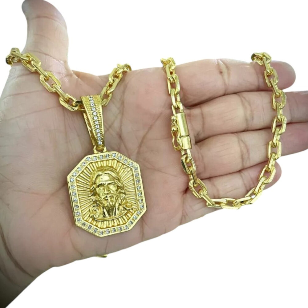 Cordão 6Mm Cadeado + Pingente Jesus Face - Banhado A Ouro - Imagem 2