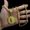 15348327914 Corrente 7Mm Cadeado Fecho Canhao Pingente Face De Cristo 4D Banhado A Ouro 18K Lancamento 2 1