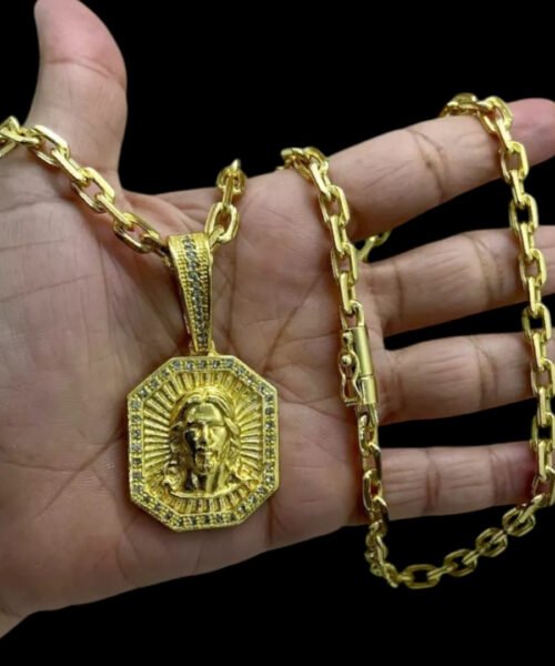 Cordão 6mm Cadeado + Pingente Jesus Face - Banhado a ouro