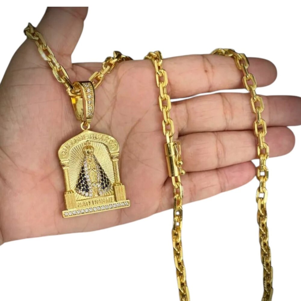 Cordão 6Mm Cadeado + Pingente Nossa Senhora - Banhado A Ouro - Imagem 3