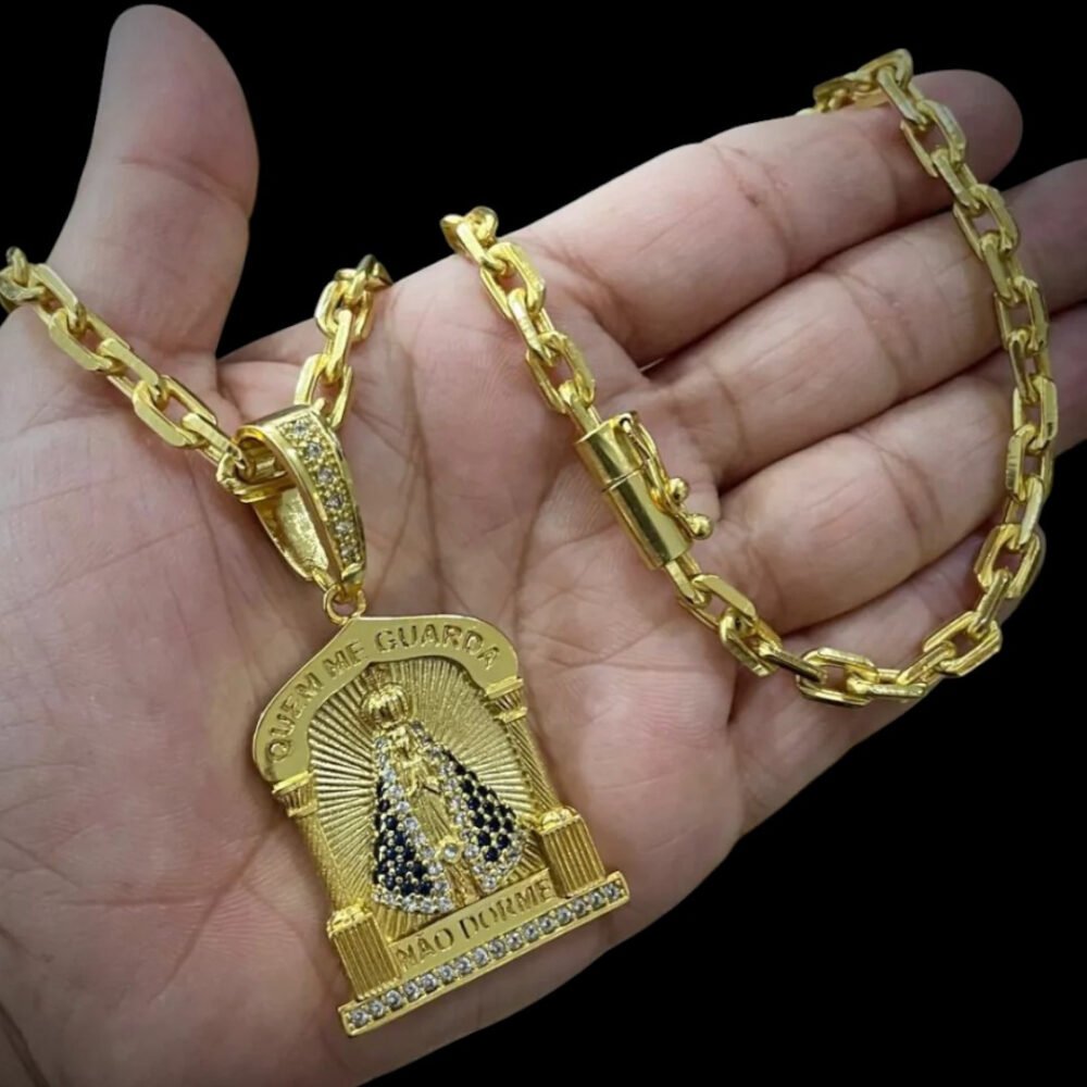 Cordão 6Mm Cadeado + Pingente Nossa Senhora - Banhado A Ouro