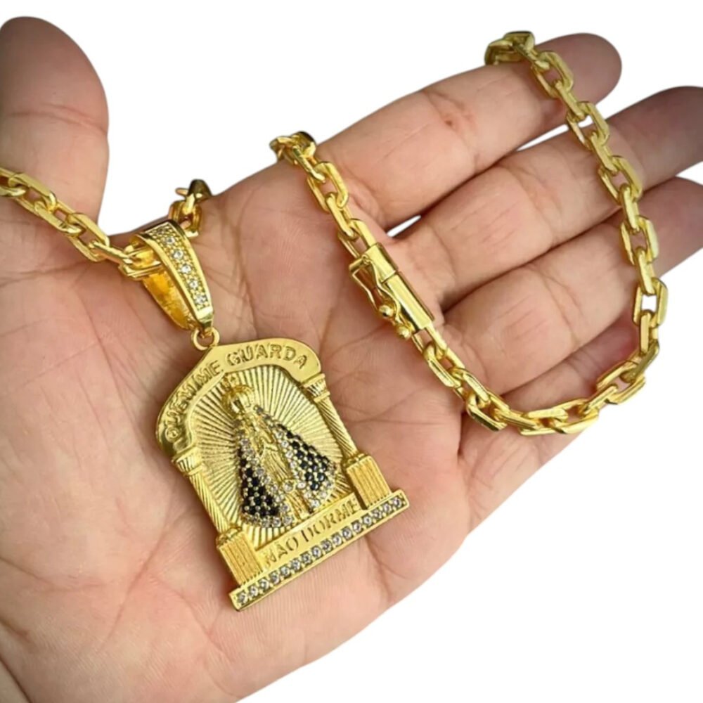 Cordão 6Mm Cadeado + Pingente Nossa Senhora - Banhado A Ouro - Imagem 2