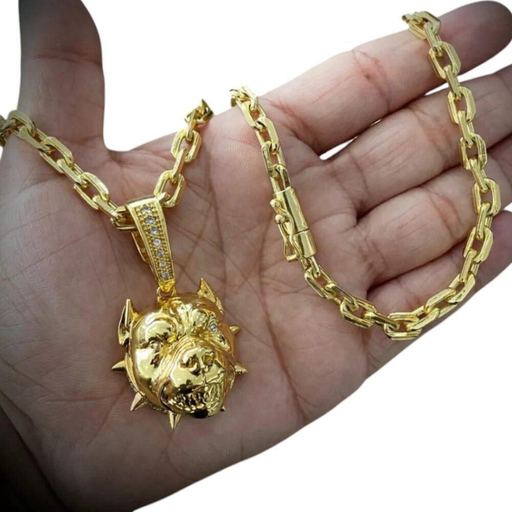 Cordão 6Mm Cadeado + Pingente Pitbull - Banhado A Ouro - Imagem 2