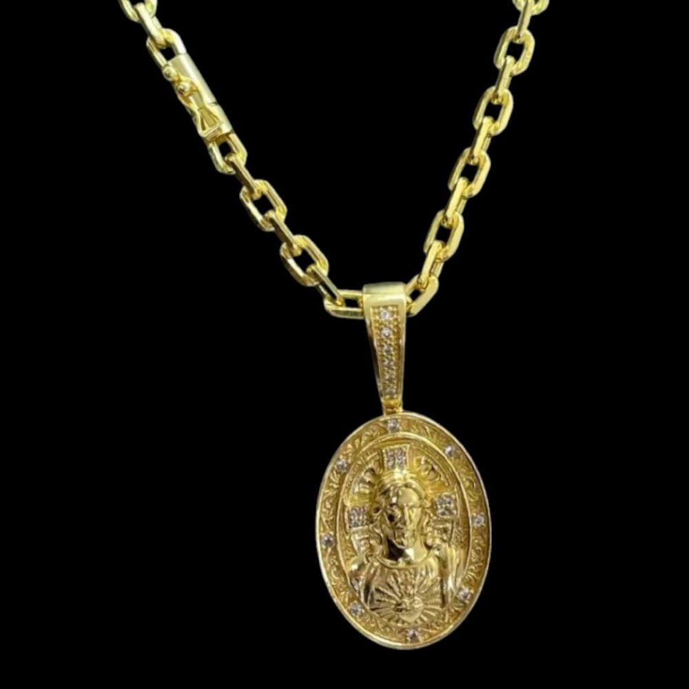 Cordão 6Mm Cadeado + Pingente Jesus Oval - Banhado A Ouro