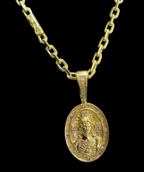 Cordão 6mm Cadeado + Pingente Jesus Oval - Banhado a ouro