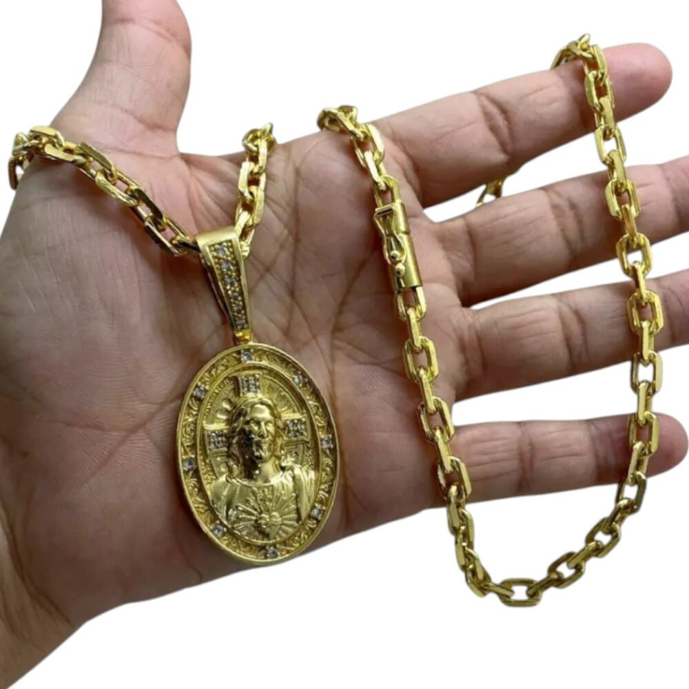 Cordão 6Mm Cadeado + Pingente Jesus Oval - Banhado A Ouro - Imagem 2