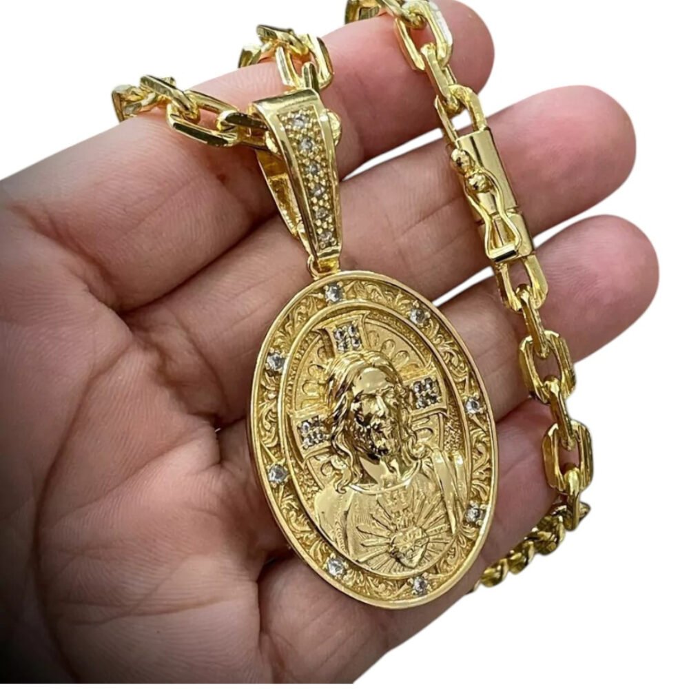 Cordão 6Mm Cadeado + Pingente Jesus Oval - Banhado A Ouro - Imagem 3