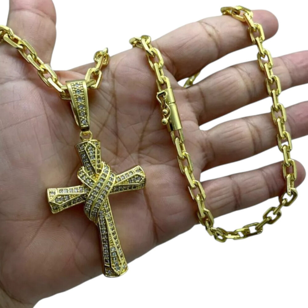 Cordão 6Mm Cadeado + Pingente Cruz Amarrada - Banhado A Ouro - Imagem 2