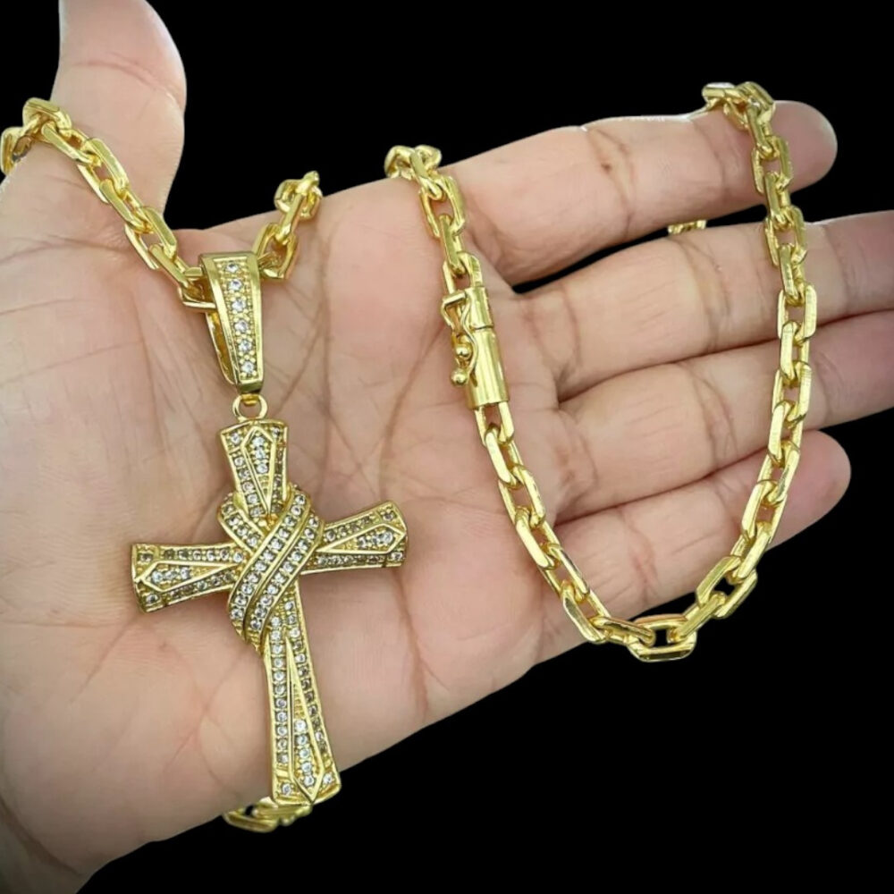 Cordão 6Mm Cadeado + Pingente Cruz Amarrada - Banhado A Ouro