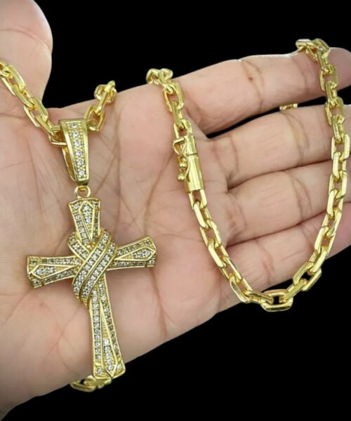 Cordão 6mm Cadeado + Pingente Cruz Amarrada - Banhado a ouro