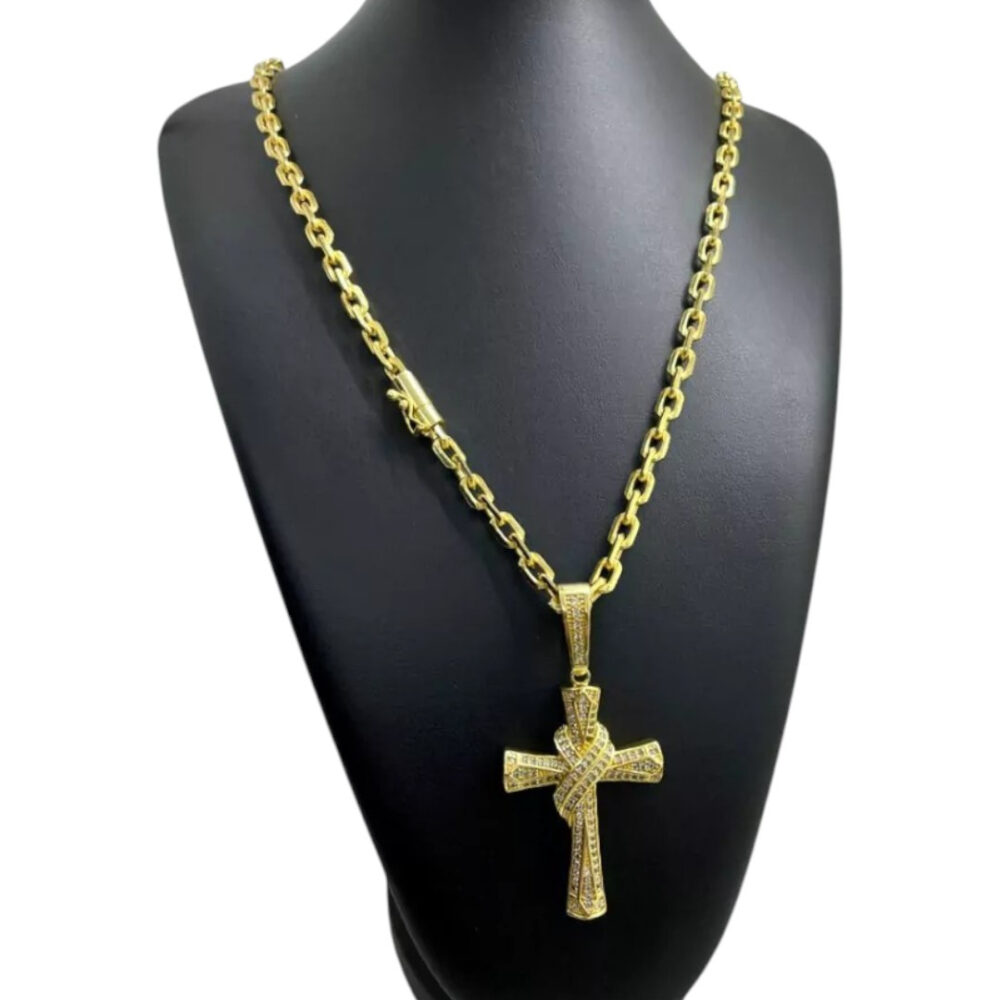 Cordão 6Mm Cadeado + Pingente Cruz Amarrada - Banhado A Ouro - Imagem 3
