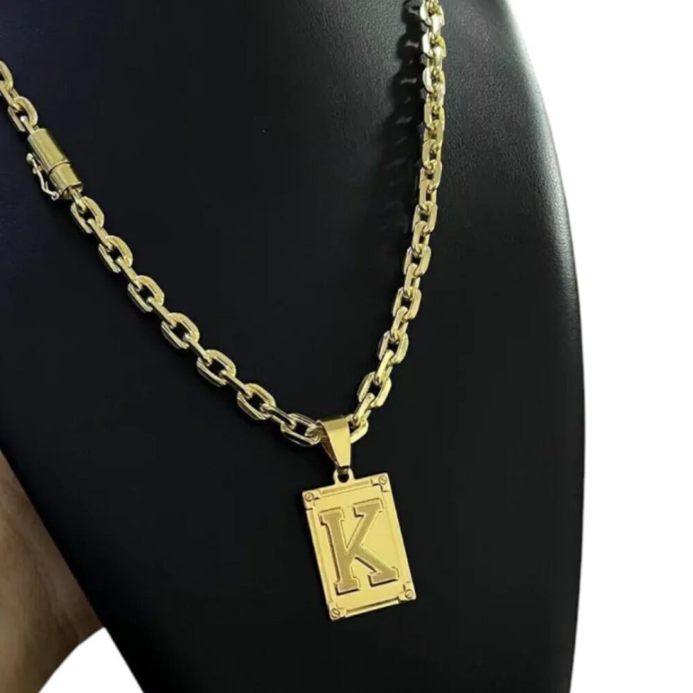 Cordão 6Mm Cadeado + Pingente Letra Placa - Banhado A Ouro - Imagem 2