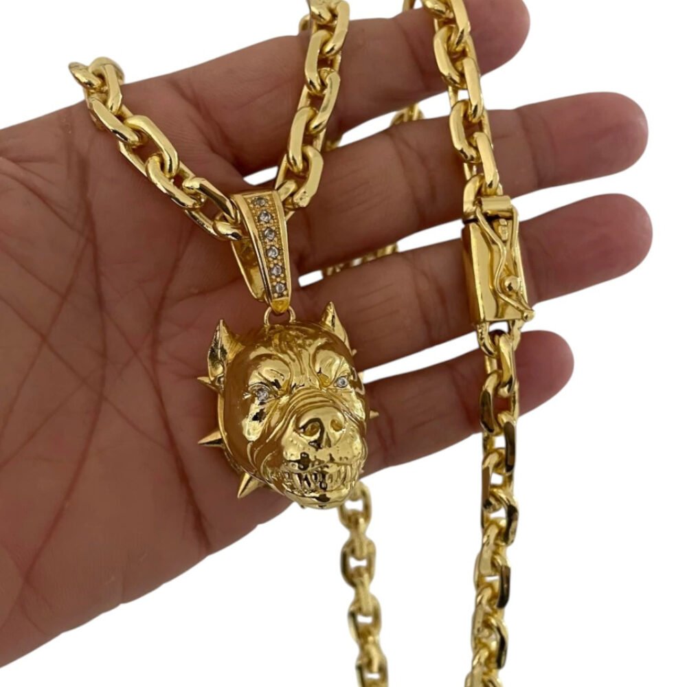 Cordão 8Mm Cadeado + Pingente Pitbull - Banhado A Ouro - Imagem 2