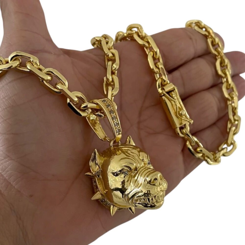 Cordão 8Mm Cadeado + Pingente Pitbull - Banhado A Ouro - Imagem 4