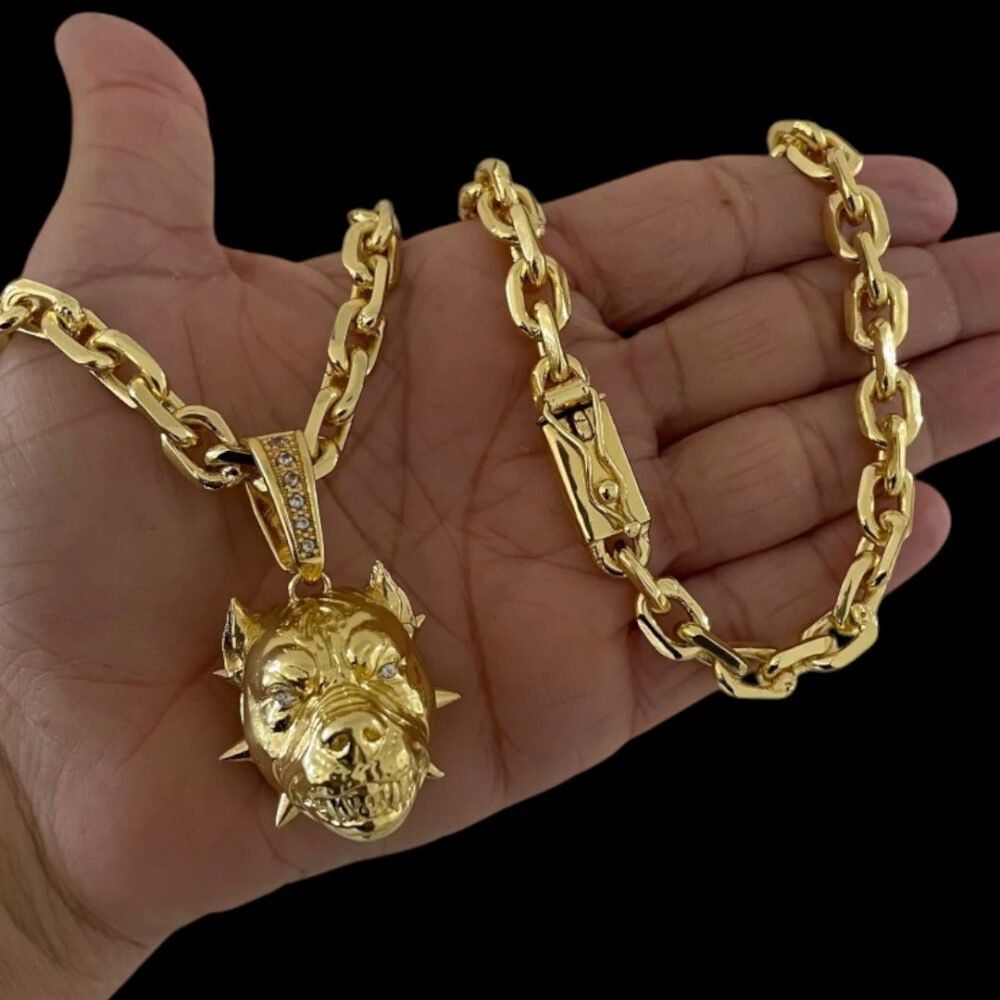 Cordão 8Mm Cadeado + Pingente Pitbull - Banhado A Ouro
